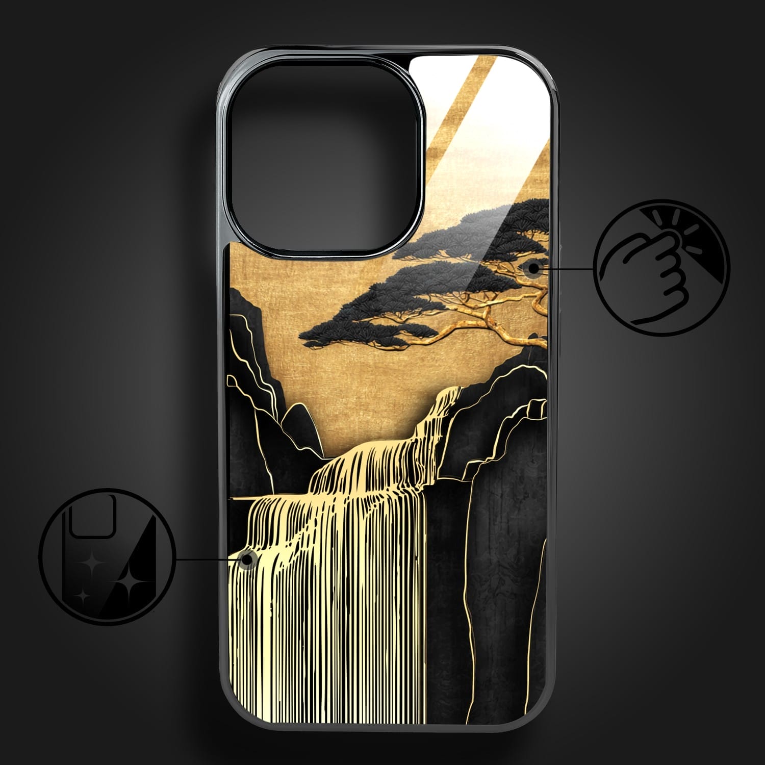 Etui do iPhone 16 Pro IBIZU Elite Glass z MagSafe Magia Azji, Złoty wodospad, czarne - obrazek 2