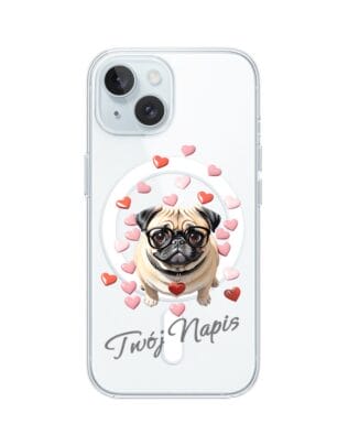 Etui do iPhone 15 Plus z MagSafe przeźroczyste, silikonowe Flexi, Puppy Love, pies rasy Mops