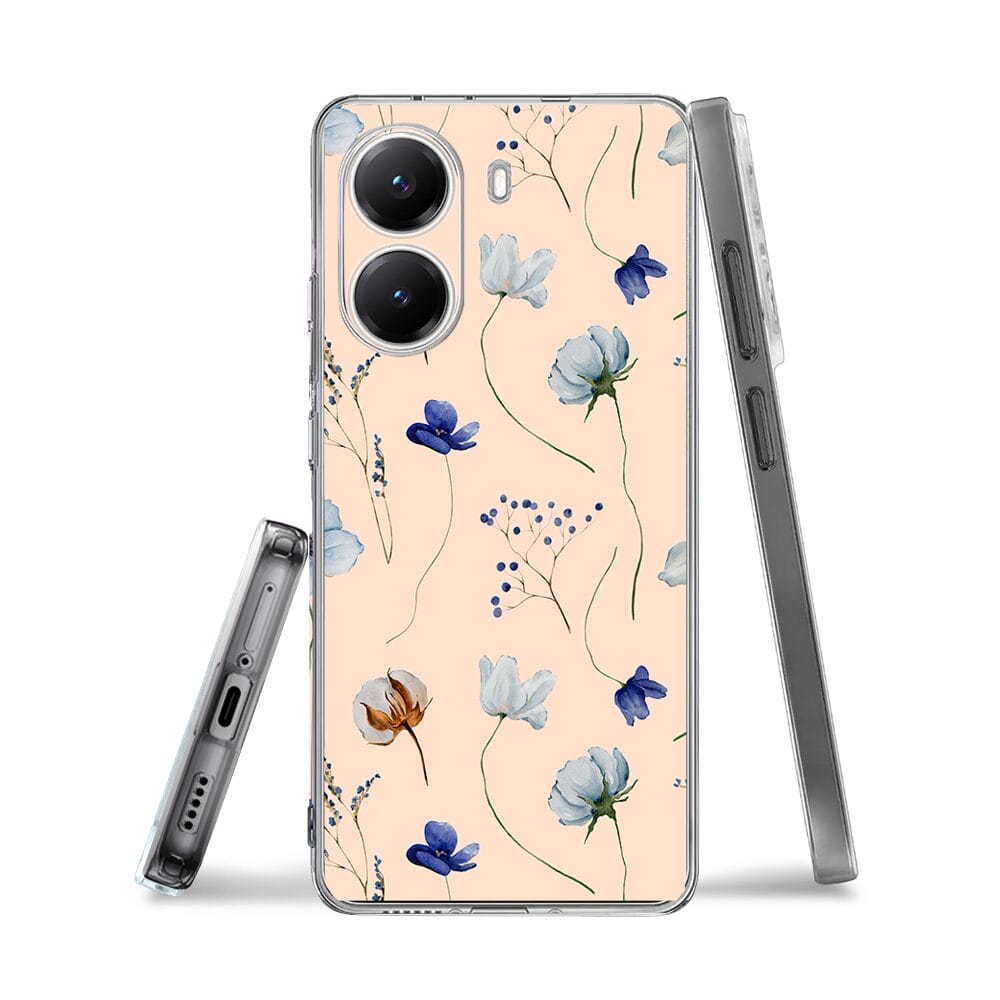 Etui do Xiaomi POCO X7 Pro przeźroczyste, silikonowe Flexi, kwiatki niebieskie na pudrowym tle - obrazek 3