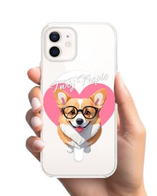 Etui do iPhone 12 Mini z MagSafe przeźroczyste, silikonowe Flexi, Puppy Love, pies rasy Corgi