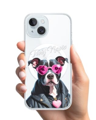 Etui do iPhone 15 z MagSafe przeźroczyste, silikonowe Flexi, Puppy Love, pies rasy Amstaff