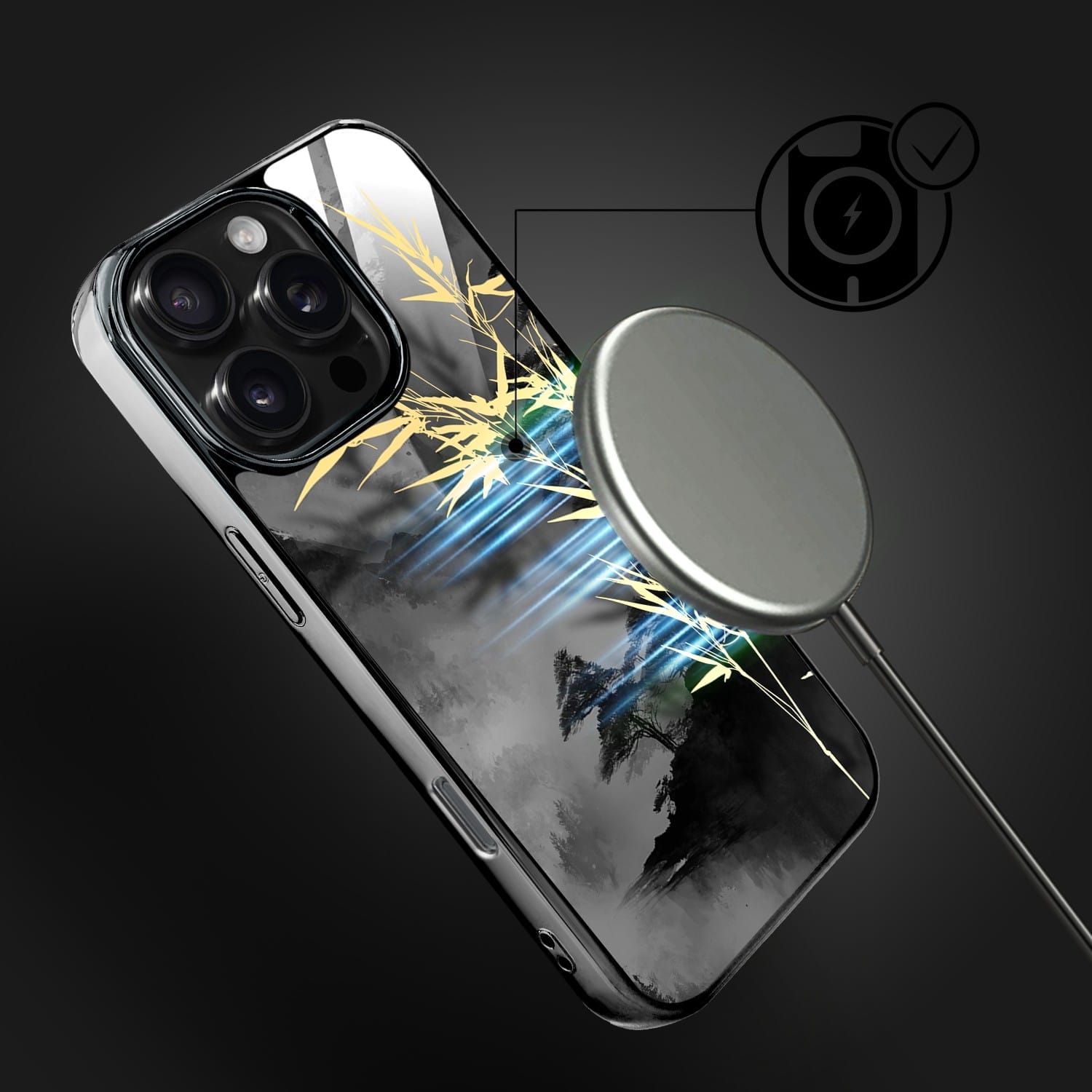 Etui do iPhone 16 Pro Max IBIZU Elite Glass z MagSafe Magia Azji, Złoty bambus, czarne - obrazek 7