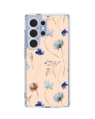 Etui do Samsung Galaxy S25 Ultra przeźroczyste, silikonowe Flexi, kwiatki niebieskie na pudrowym tle
