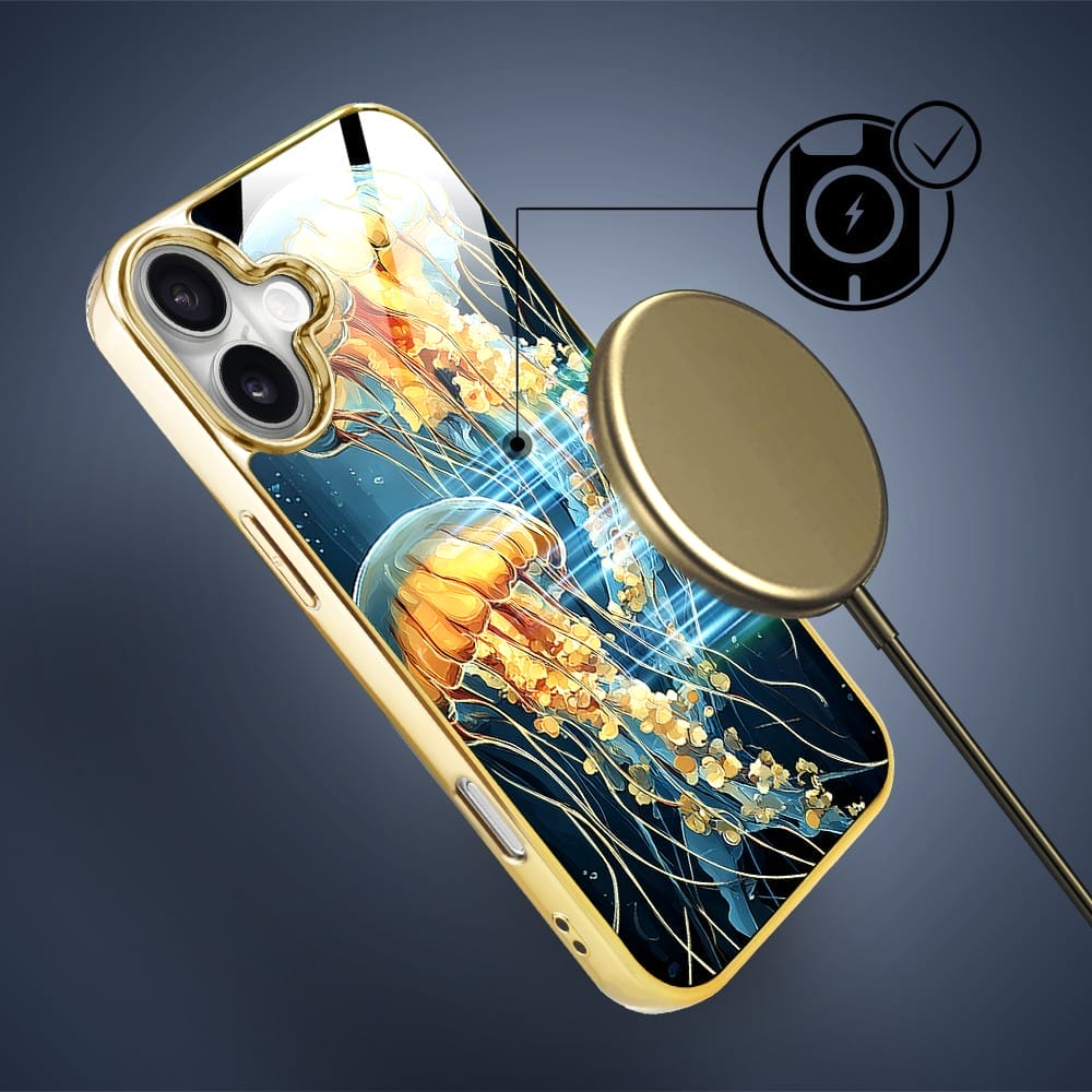 Etui do iPhone 16 Plus IBIZU Elite Glass z MagSafe Morze, Meduzy w głębinach, złote - obrazek 7
