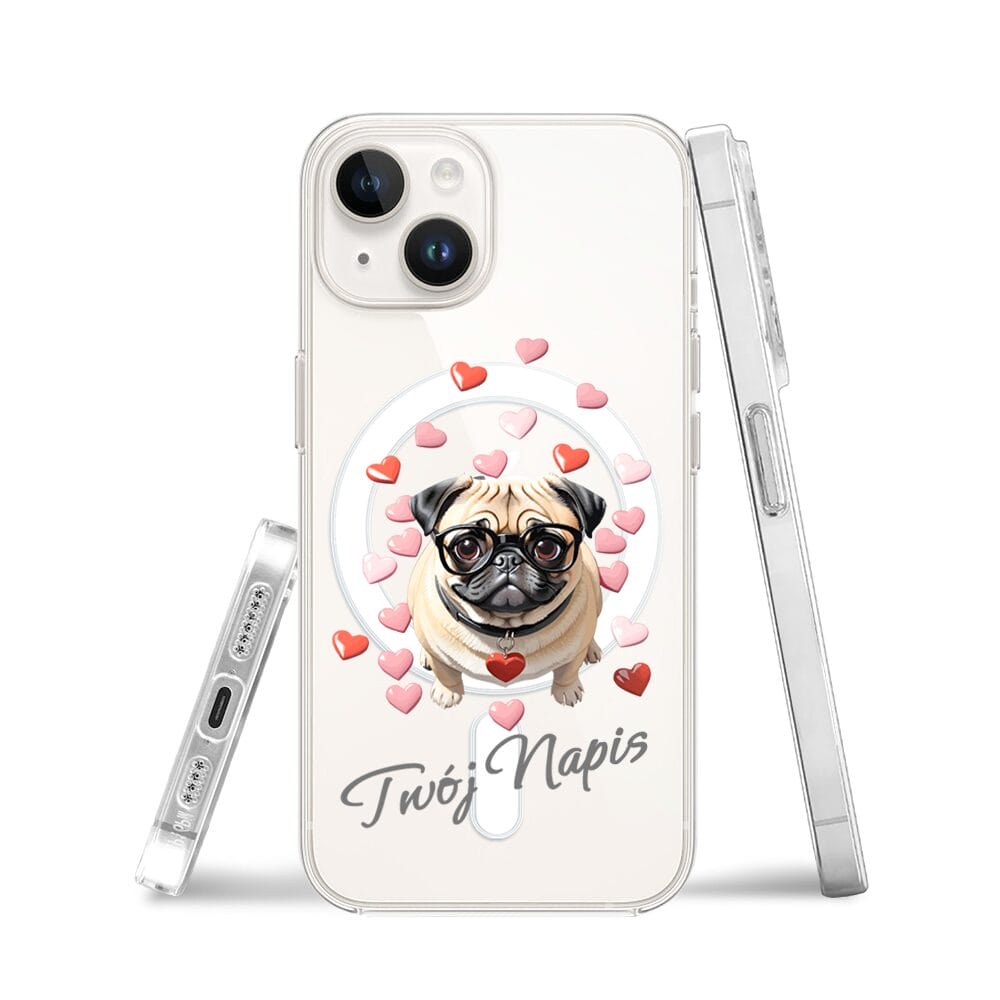 Etui do iPhone 13 Mini z MagSafe przeźroczyste, silikonowe Flexi, Puppy Love, pies rasy Mops - obrazek 3