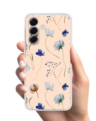 Etui do Samsung Galaxy A56 5G przeźroczyste, silikonowe Flexi, kwiatki niebieskie na pudrowym tle