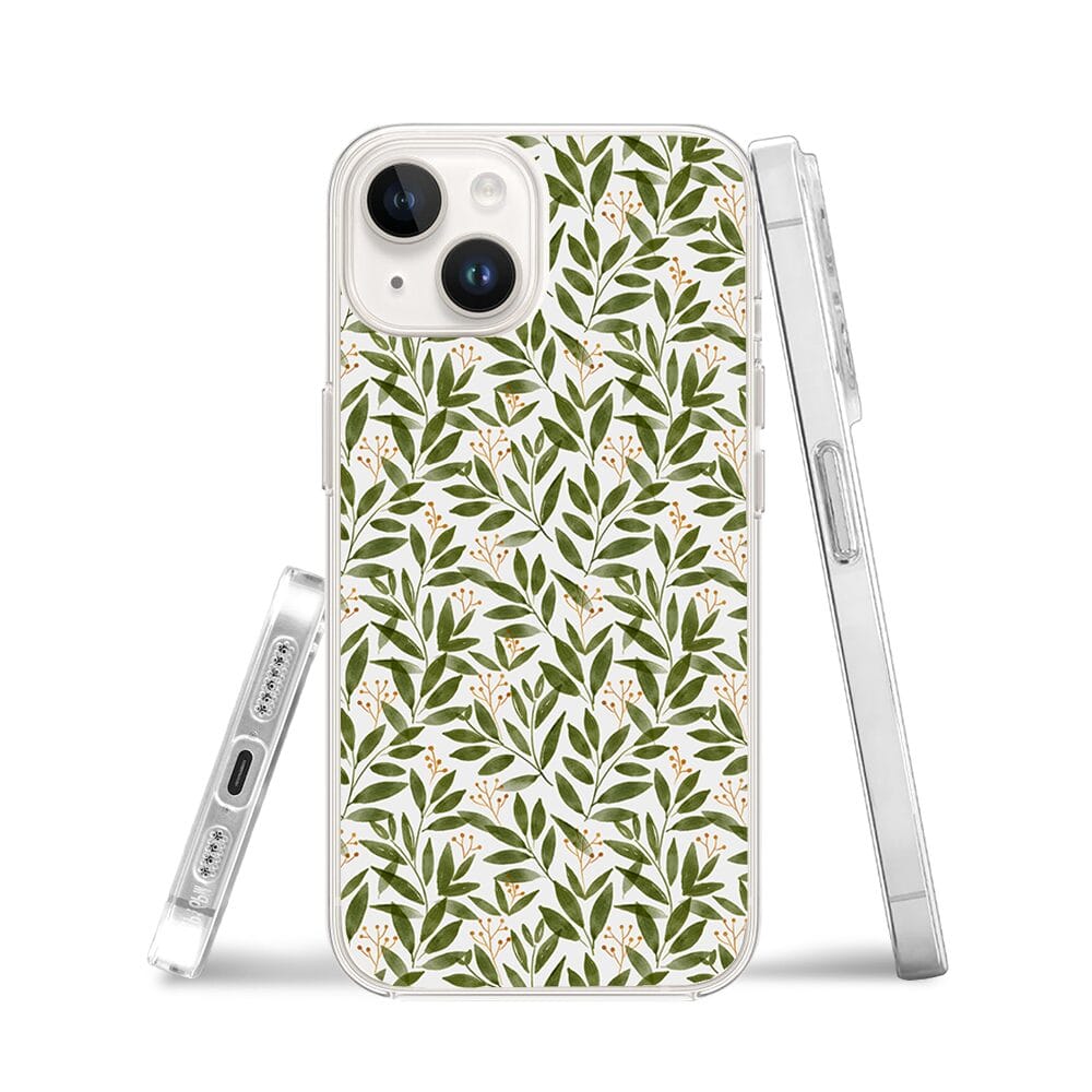 Etui do iPhone 14 przeźroczyste, silikonowe Flexi, zielone gałązki - obrazek 3