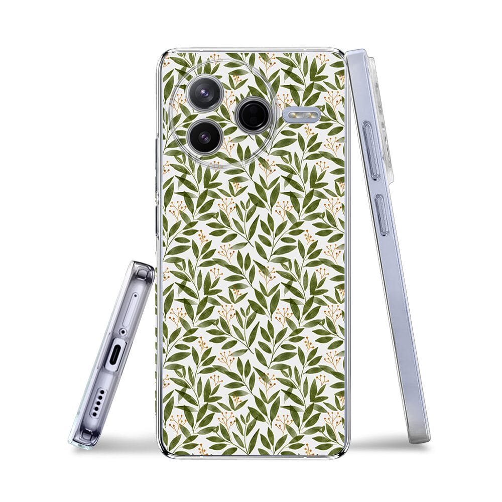 Etui do Xiaomi POCO F7 Pro przeźroczyste, silikonowe Flexi, zielone gałązki - obrazek 3