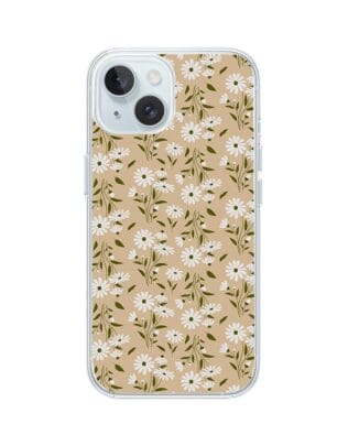 Etui do iPhone 15 przeźroczyste, silikonowe Flexi, delikatne kwiatki na cielistym tle