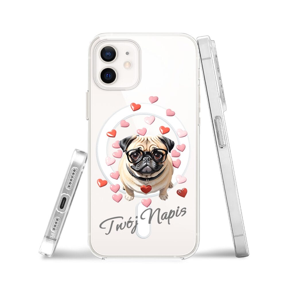 Etui do iPhone 12 z MagSafe przeźroczyste, silikonowe Flexi, Puppy Love, pies rasy Mops - obrazek 3