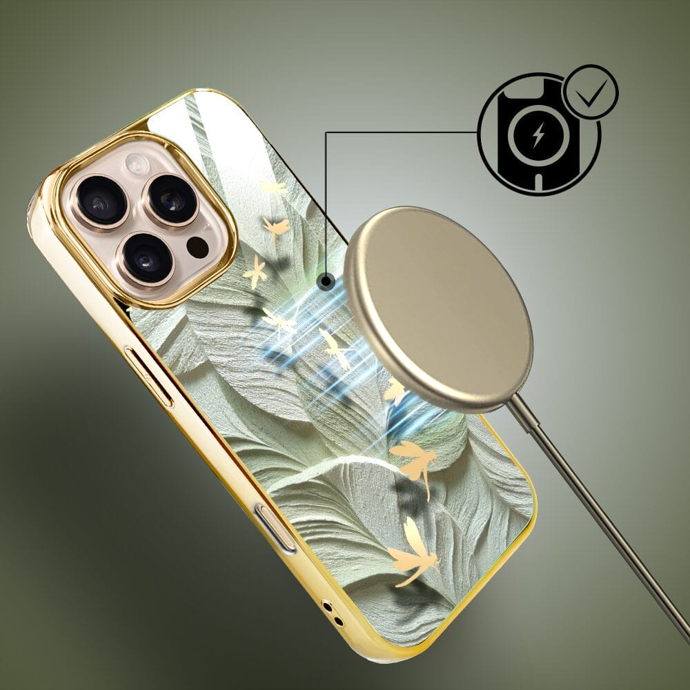 Etui do iPhone 16 Pro Max IBIZU Elite Glass z MagSafe Kwiaty, Taniec ważek, złote - obrazek 7