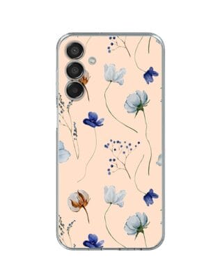 Etui do Samsung Galaxy M15 5G przeźroczyste, silikonowe Flexi, kwiatki niebieskie na pudrowym tle