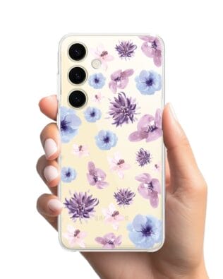 Etui do Samsung Galaxy S24 przeźroczyste, silikonowe Flexi, kwiatki niebieskie, fioletowe
