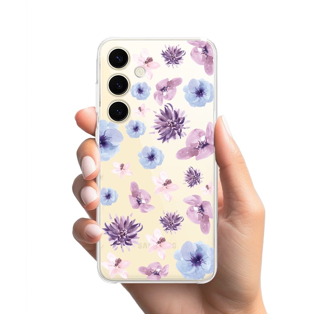 Etui do Samsung Galaxy S24 przeźroczyste, silikonowe Flexi, kwiatki niebieskie, fioletowe - obrazek 2