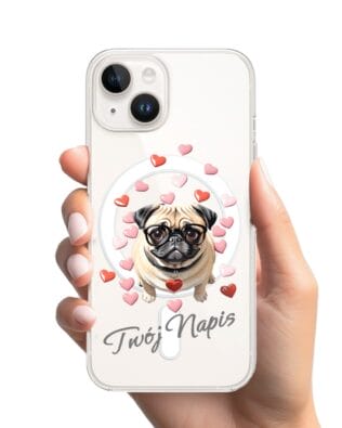 Etui do iPhone 13 z MagSafe przeźroczyste, silikonowe Flexi, Puppy Love, pies rasy Mops
