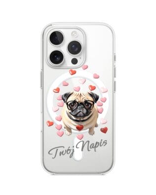Etui do iPhone 16 Pro Max z MagSafe przeźroczyste, silikonowe Flexi, Puppy Love, pies rasy Mops