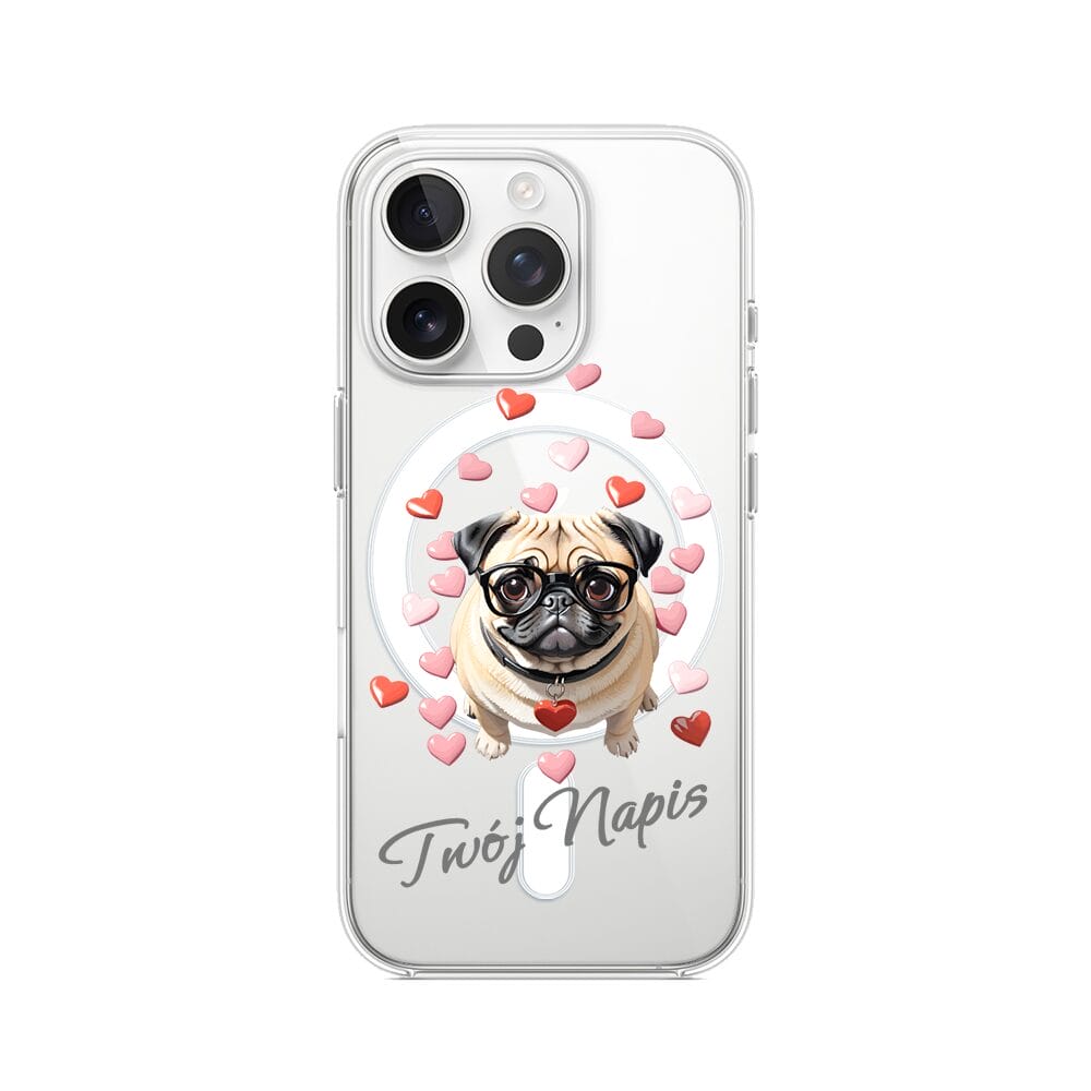 Etui do iPhone 16 Pro Max z MagSafe przeźroczyste, silikonowe Flexi, Puppy Love, pies rasy Mops