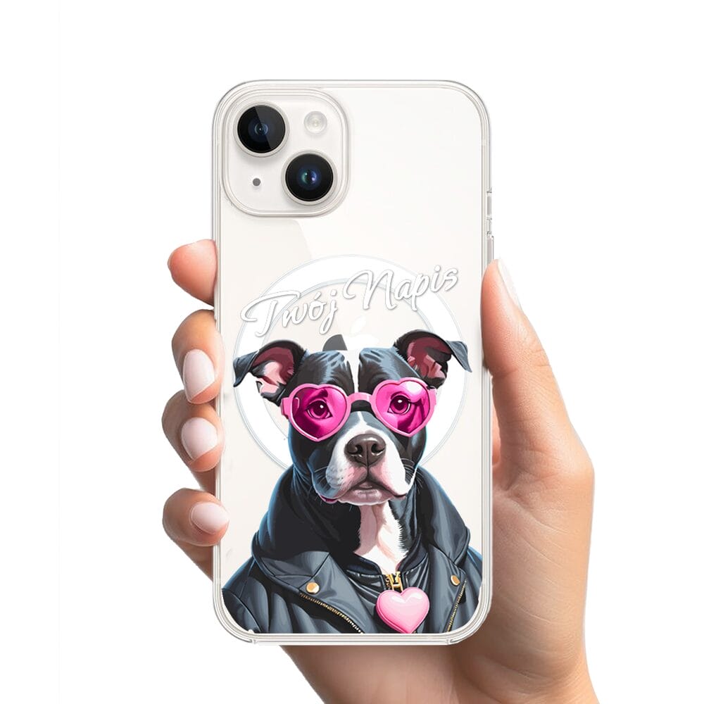 Etui do iPhone 13 Mini z MagSafe przeźroczyste, silikonowe Flexi, Puppy Love, pies rasy Amstaff - obrazek 2
