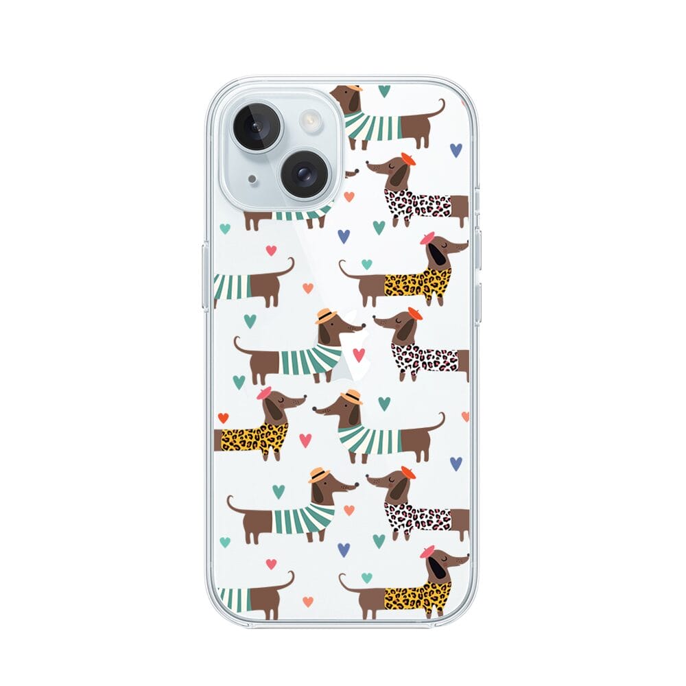 Etui do iPhone 15 przeźroczyste, silikonowe Flexi, zakochane jamniki