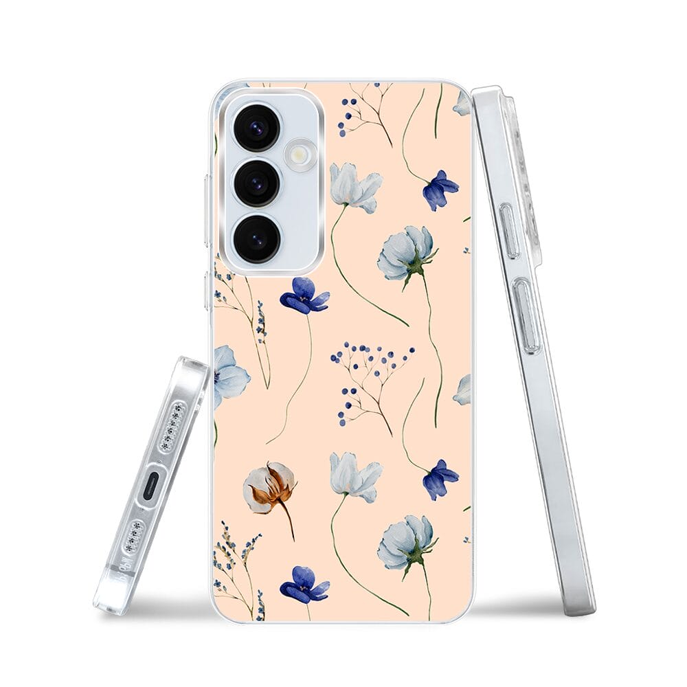 Etui do Samsung Galaxy A35 5G z MagSafe przeźroczyste, silikonowe Flexi, kwiatki niebieskie na pudrowym tle - obrazek 3