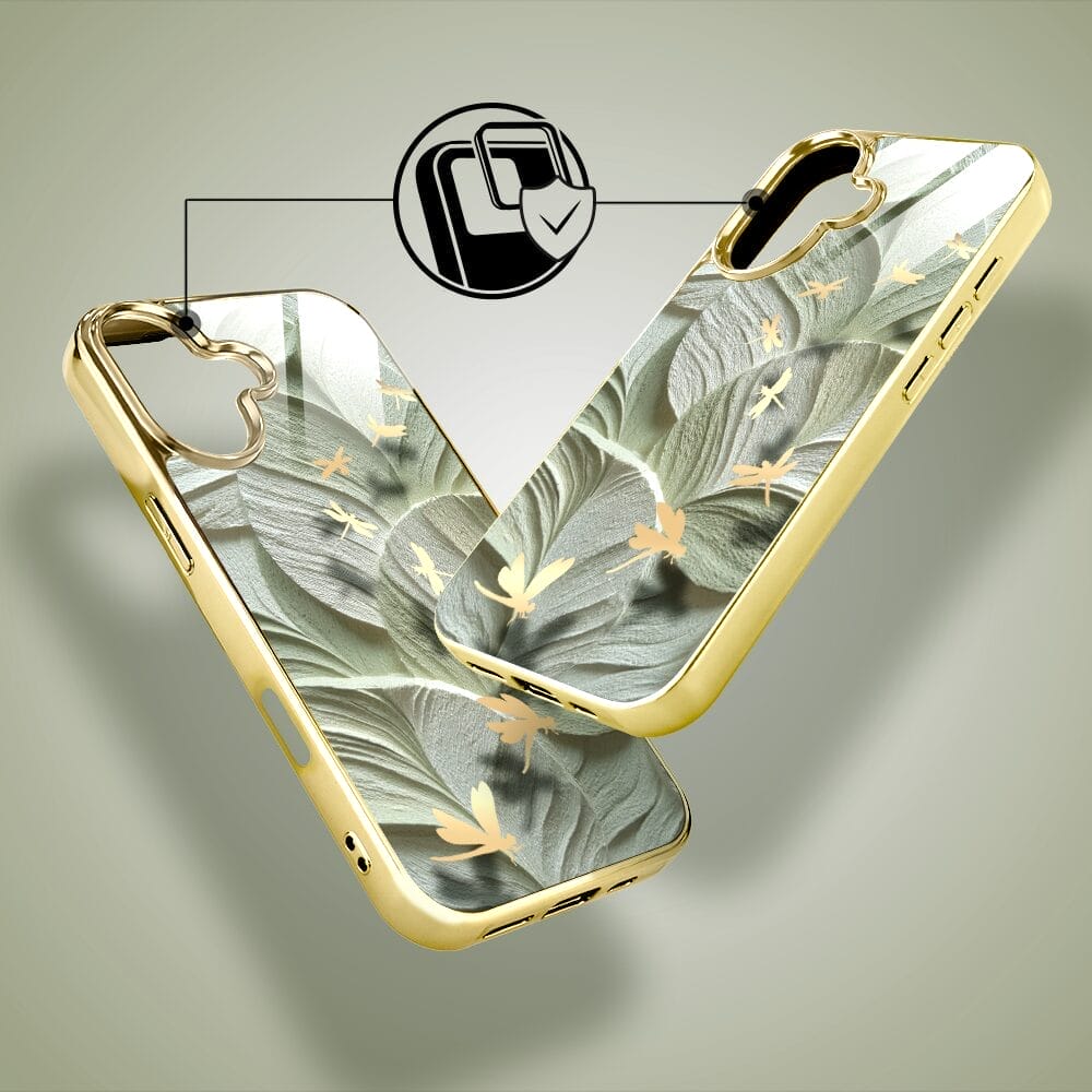 Etui do iPhone 16 IBIZU Elite Glass z MagSafe, Kwiaty, Taniec ważek, złote - obrazek 3