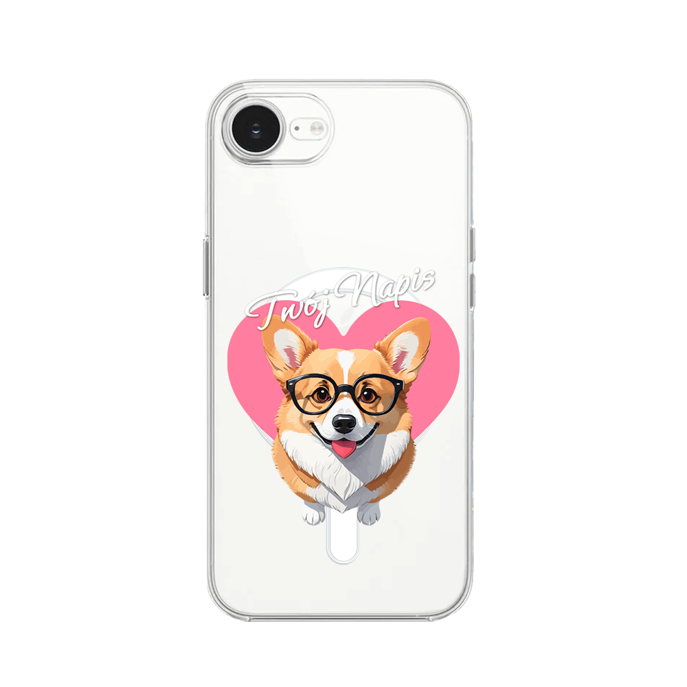 Etui do iPhone 16e z MagSafe przeźroczyste, silikonowe Flexi, Puppy Love, pies rasy Corgi