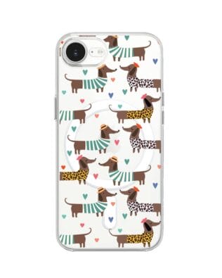 Etui do iPhone 16e z MagSafe przeźroczyste, silikonowe Flexi, zakochane jamniki