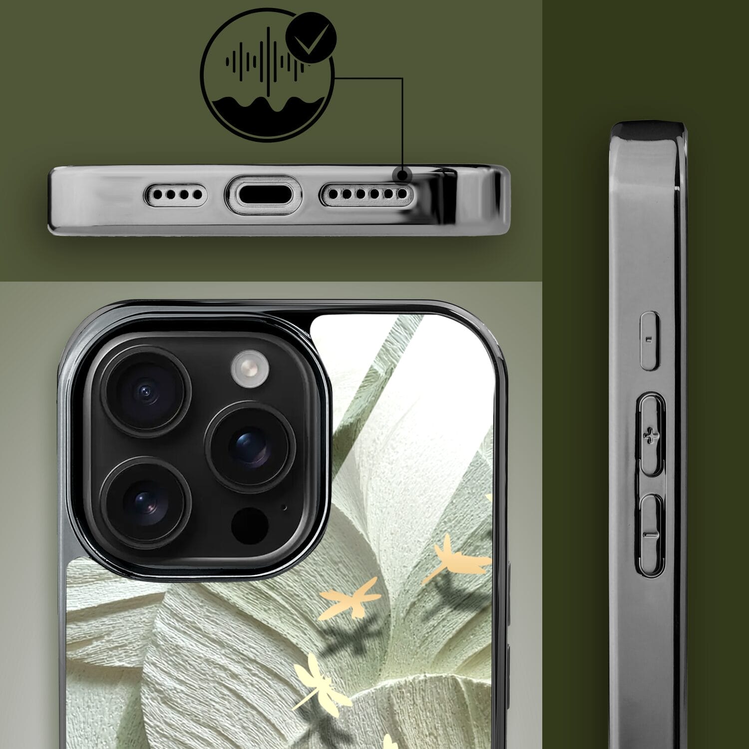 Etui do iPhone 16 Pro IBIZU Elite Glass z MagSafe Kwiaty, Taniec ważek, czarne - obrazek 4