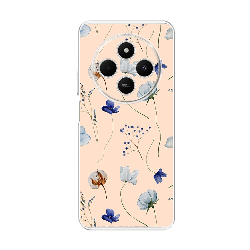 Etui do Xiaomi POCO C75 przeźroczyste, silikonowe Flexi, kwiatki niebieskie na pudrowym tle