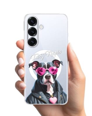 Etui do Samsung Galaxy S25 z MagSafe przeźroczyste, silikonowe Flexi, Puppy Love, pies rasy Amstaff