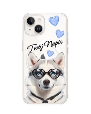 Etui do iPhone 14 Plus z MagSafe przeźroczyste, silikonowe Flexi, Puppy Love, pies rasy Husky