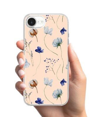 Etui do iPhone 16e przeźroczyste, silikonowe Flexi, kwiatki niebieskie na pudrowym tle