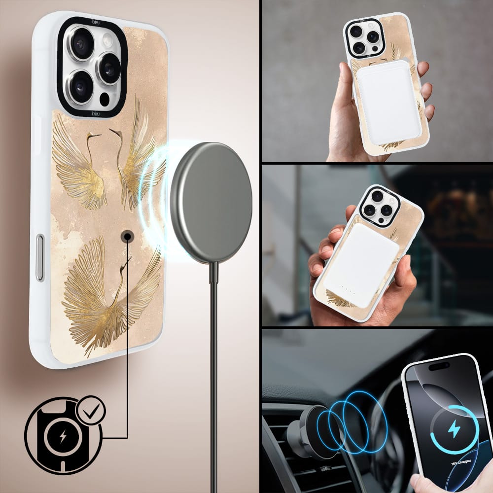 Etui do iPhone 16 Pro IBIZU DropGuard Matt z MagSafe, Boho, Złote żurawie - obrazek 8
