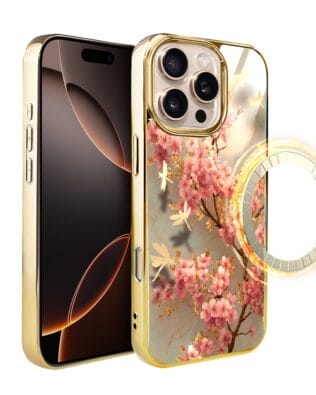 Etui do iPhone 16 Pro IBIZU Elite Glass z MagSafe Magia Azji, Taniec sakury, złote