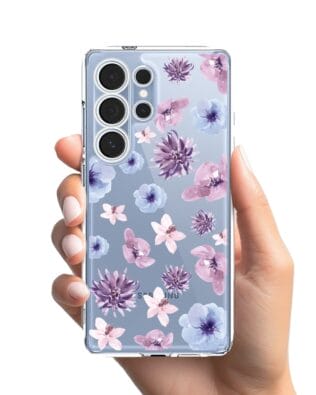 Etui do Samsung Galaxy S25 Ultra przeźroczyste, silikonowe Flexi, kwiatki niebieskie, fioletowe