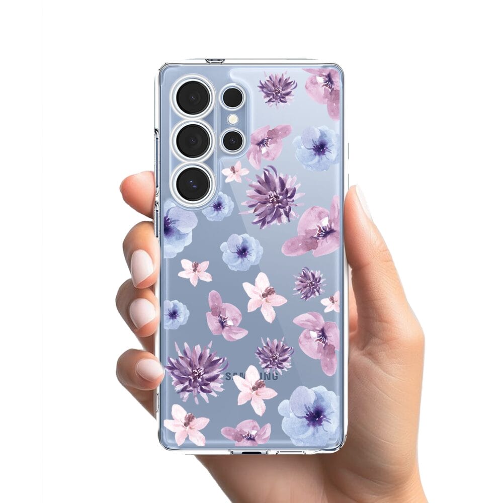 Etui do Samsung Galaxy S25 Ultra przeźroczyste, silikonowe Flexi, kwiatki niebieskie, fioletowe - obrazek 2