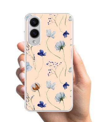 Etui do Samsung Galaxy S25 Edge z MagSafe przeźroczyste, silikonowe Flexi, kwiatki niebieskie na pudrowym tle