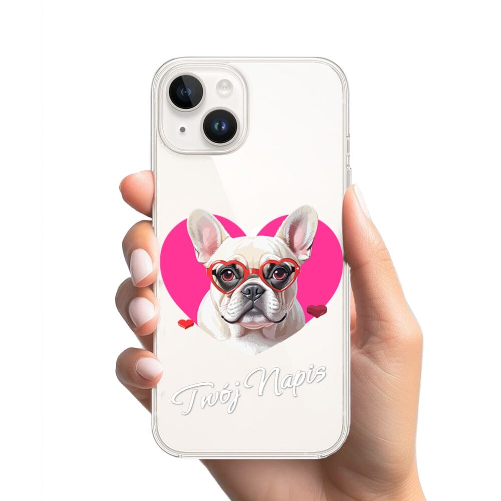 Etui do iPhone 13 Mini przeźroczyste, silikonowe Flexi, Puppy Love, pies rasy Buldog Francuski - obrazek 2