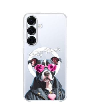 Etui do Samsung Galaxy S25 z MagSafe przeźroczyste, silikonowe Flexi, Puppy Love, pies rasy Amstaff