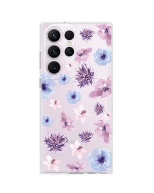 Etui do Samsung Galaxy S23 Ultra przeźroczyste, silikonowe Flexi, kwiatki niebieskie, fioletowe