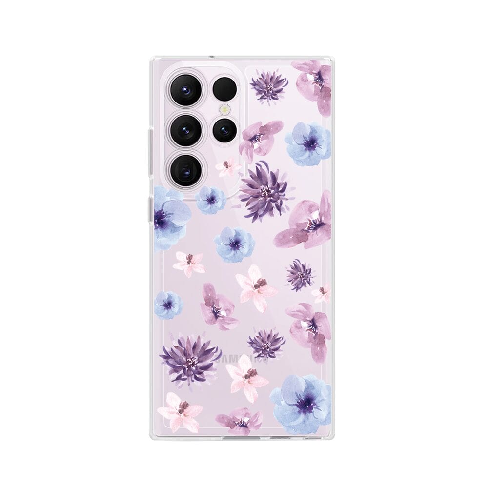 Etui do Samsung Galaxy S23 Ultra przeźroczyste, silikonowe Flexi, kwiatki niebieskie, fioletowe