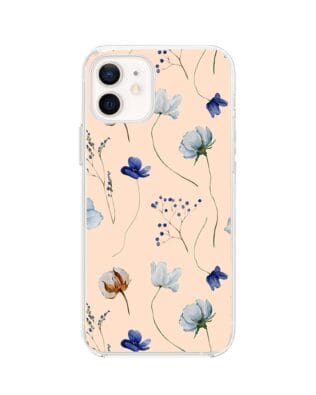 Etui do iPhone 12 Mini z MagSafe przeźroczyste, silikonowe Flexi, kwiatki niebieskie na pudrowym tle