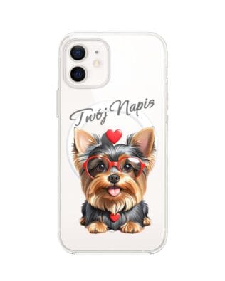 Etui do iPhone 12 Mini z MagSafe przeźroczyste, silikonowe Flexi, Puppy Love, pies rasy York