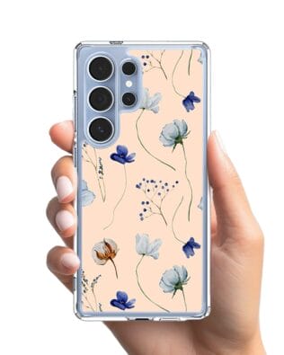 Etui do Samsung Galaxy S25 Ultra z MagSafe przeźroczyste, silikonowe Flexi, kwiatki niebieskie na pudrowym tle