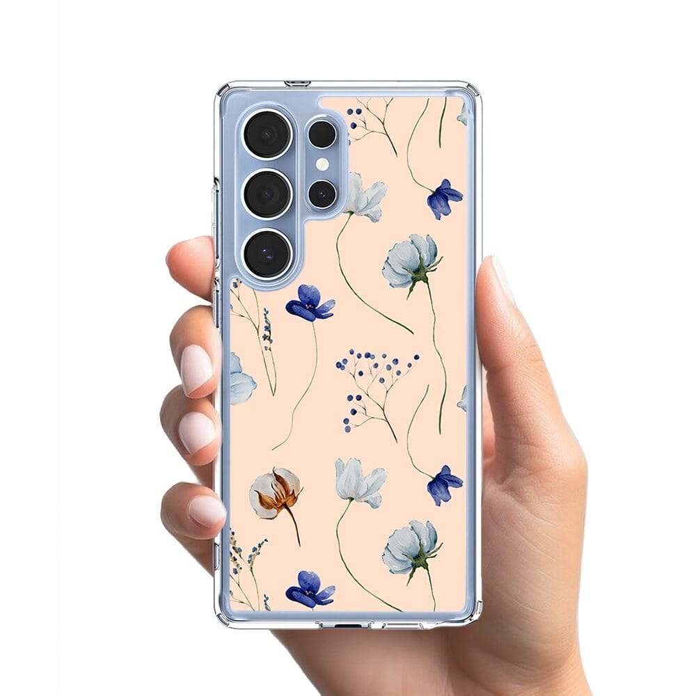 Etui do Samsung Galaxy S25 Ultra z MagSafe przeźroczyste, silikonowe Flexi, kwiatki niebieskie na pudrowym tle - obrazek 2