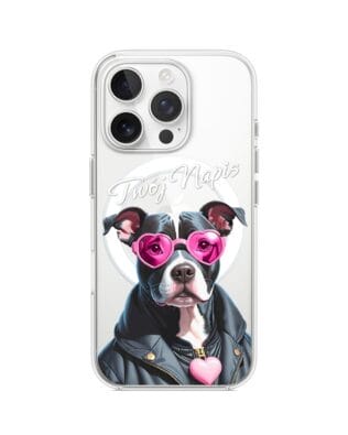Etui do iPhone 15 Pro z MagSafe przeźroczyste, silikonowe Flexi, Puppy Love, pies rasy Amstaff