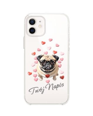 Etui do iPhone 12 przeźroczyste, silikonowe Flexi, Puppy Love, pies rasy Mops