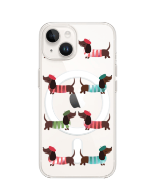 Etui do iPhone 14 Plus z MagSafe przeźroczyste, silikonowe Flexi, jamnik w Paryżu