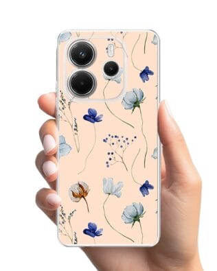 Etui do Xiaomi Redmi Note 14 4G przeźroczyste, silikonowe Flexi, kwiatki niebieskie na pudrowym tle