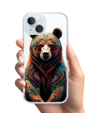 Etui do iPhone 15 przeźroczyste, silikonowe Flexi, Dzika Mandala, Niedźwiedź
